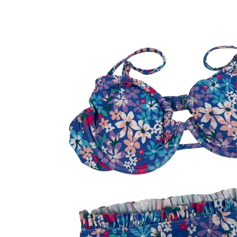 Cupshe Two Piece Floral Ruffle Underwire Bikini in Blue Floral Medium NWT